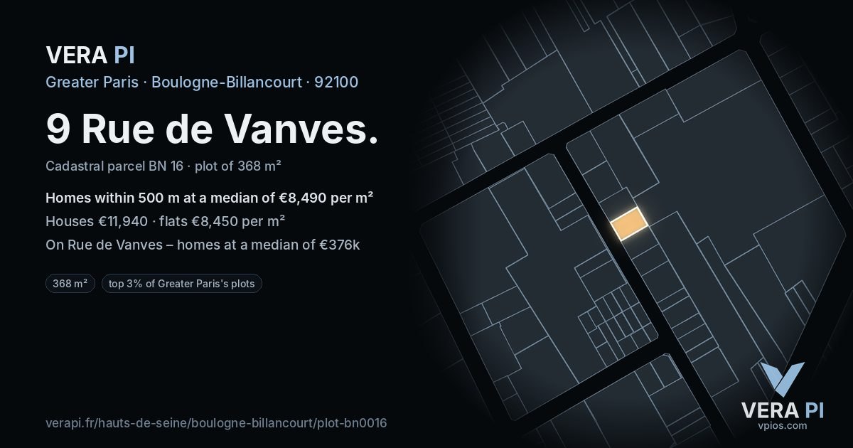 9 Rue de Vanves, Boulogne-Billancourt at night – the plot lit, the parcels around coloured by the prices near them