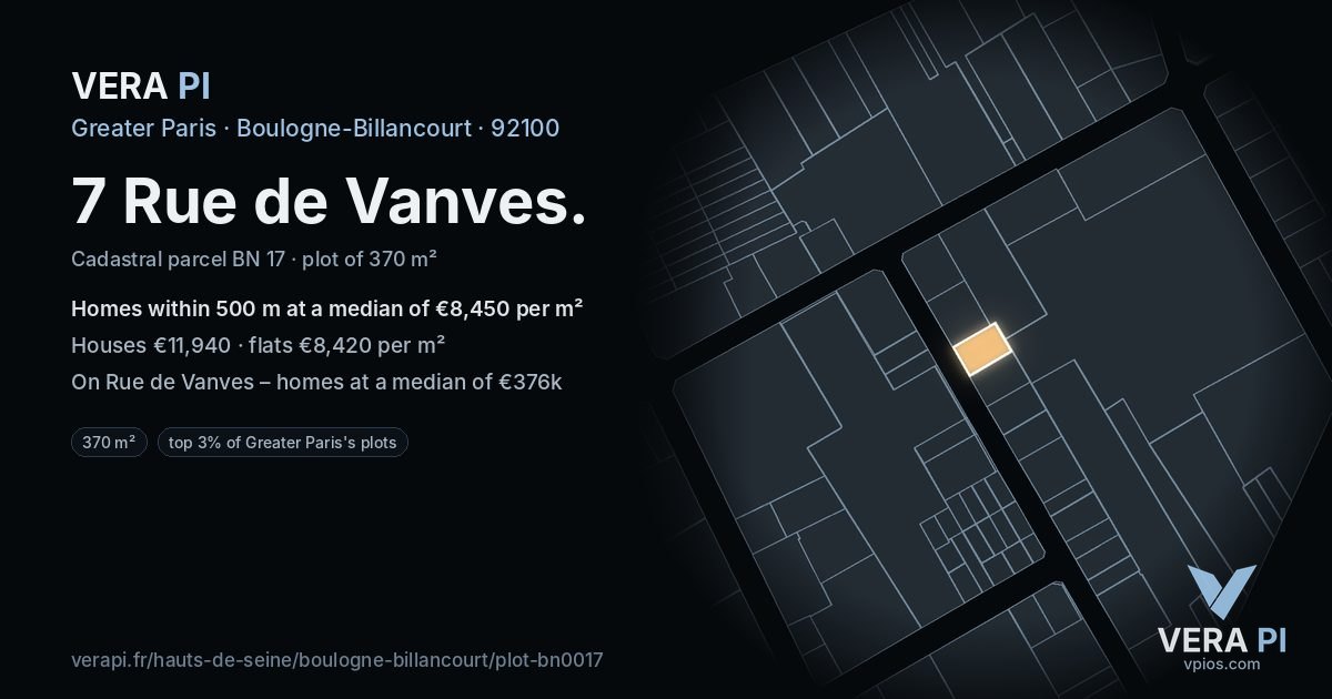 7 Rue de Vanves, Boulogne-Billancourt at night – the plot lit, the parcels around coloured by the prices near them