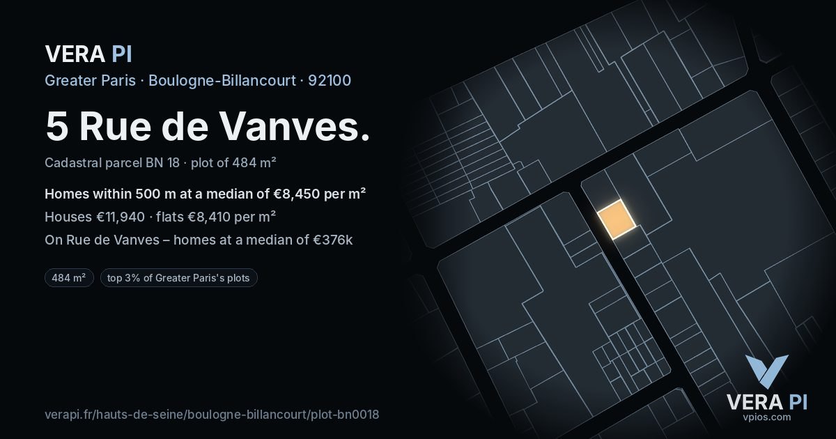 5 Rue de Vanves, Boulogne-Billancourt at night – the plot lit, the parcels around coloured by the prices near them