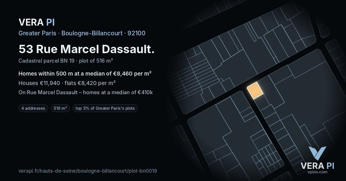 53 Rue Marcel Dassault, Boulogne-Billancourt at night – the plot lit, the parcels around coloured by the prices near them