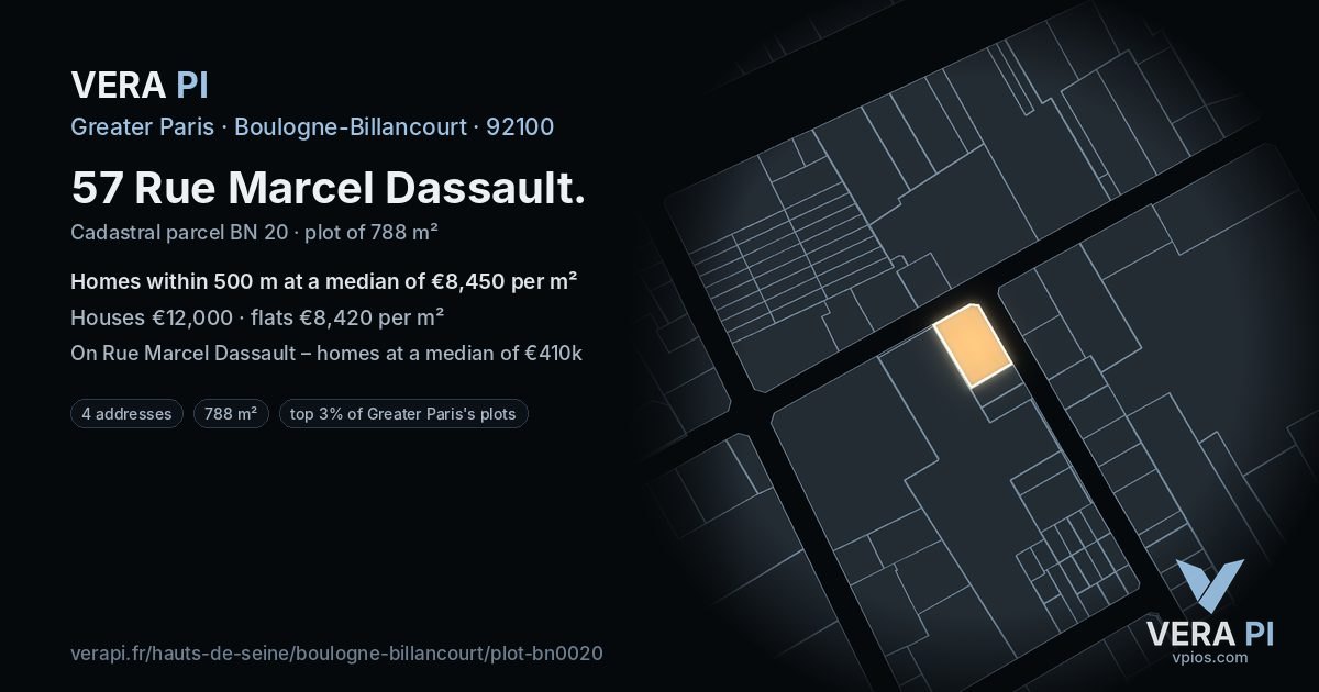 57 Rue Marcel Dassault, Boulogne-Billancourt at night – the plot lit, the parcels around coloured by the prices near them