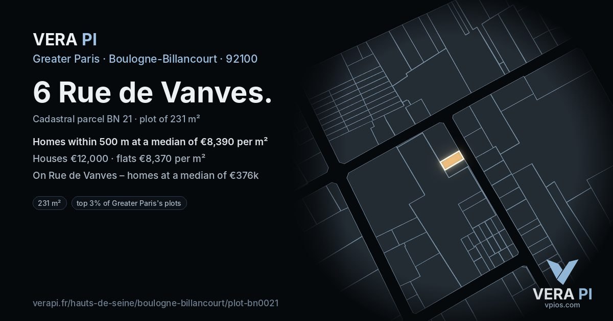 6 Rue de Vanves, Boulogne-Billancourt at night – the plot lit, the parcels around coloured by the prices near them