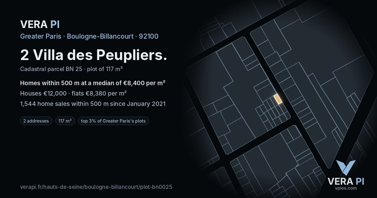 2 Villa des Peupliers, Boulogne-Billancourt at night – the plot lit, the parcels around coloured by the prices near them