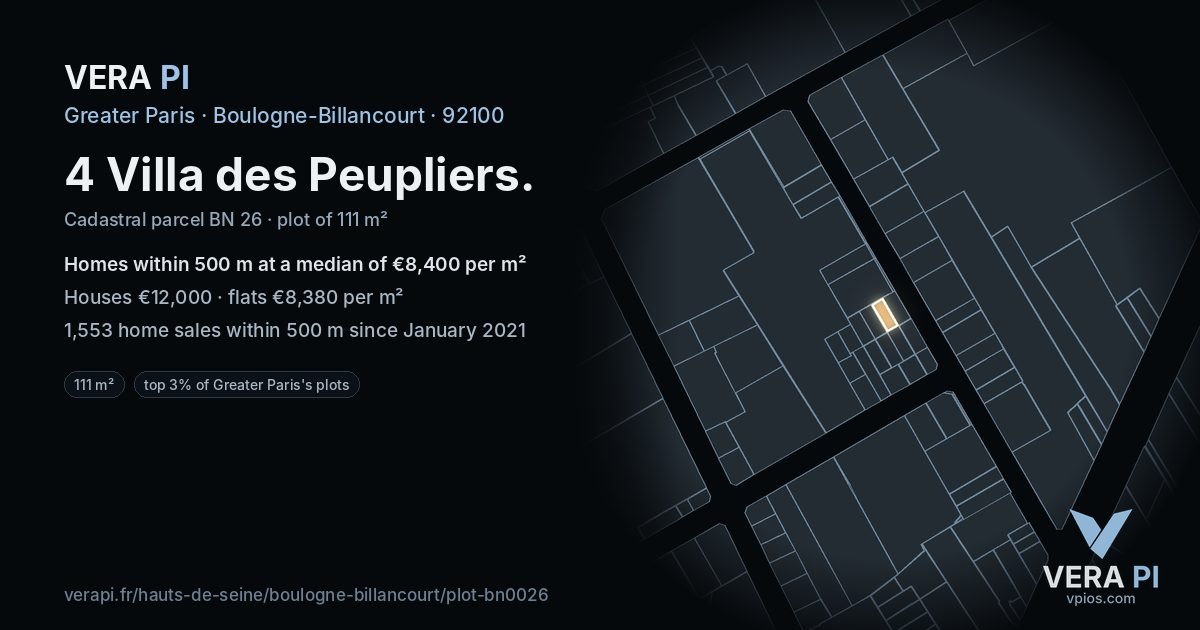 4 Villa des Peupliers, Boulogne-Billancourt at night – the plot lit, the parcels around coloured by the prices near them