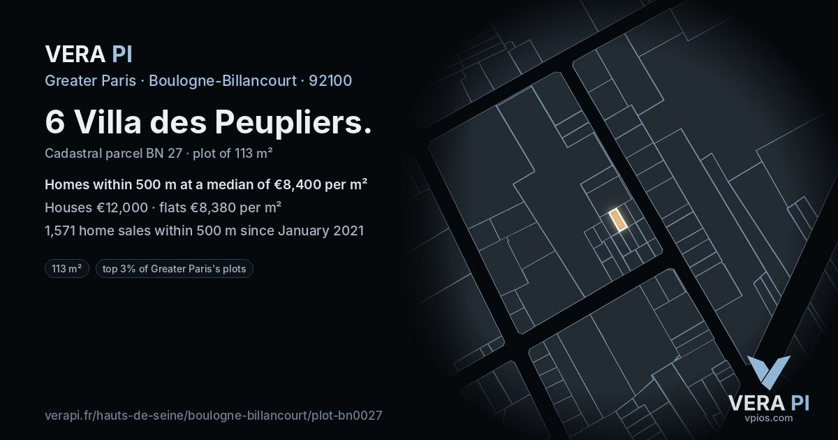 6 Villa des Peupliers, Boulogne-Billancourt at night – the plot lit, the parcels around coloured by the prices near them