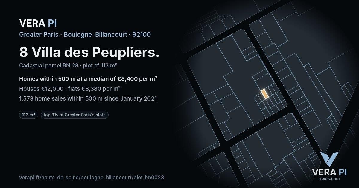 8 Villa des Peupliers, Boulogne-Billancourt at night – the plot lit, the parcels around coloured by the prices near them