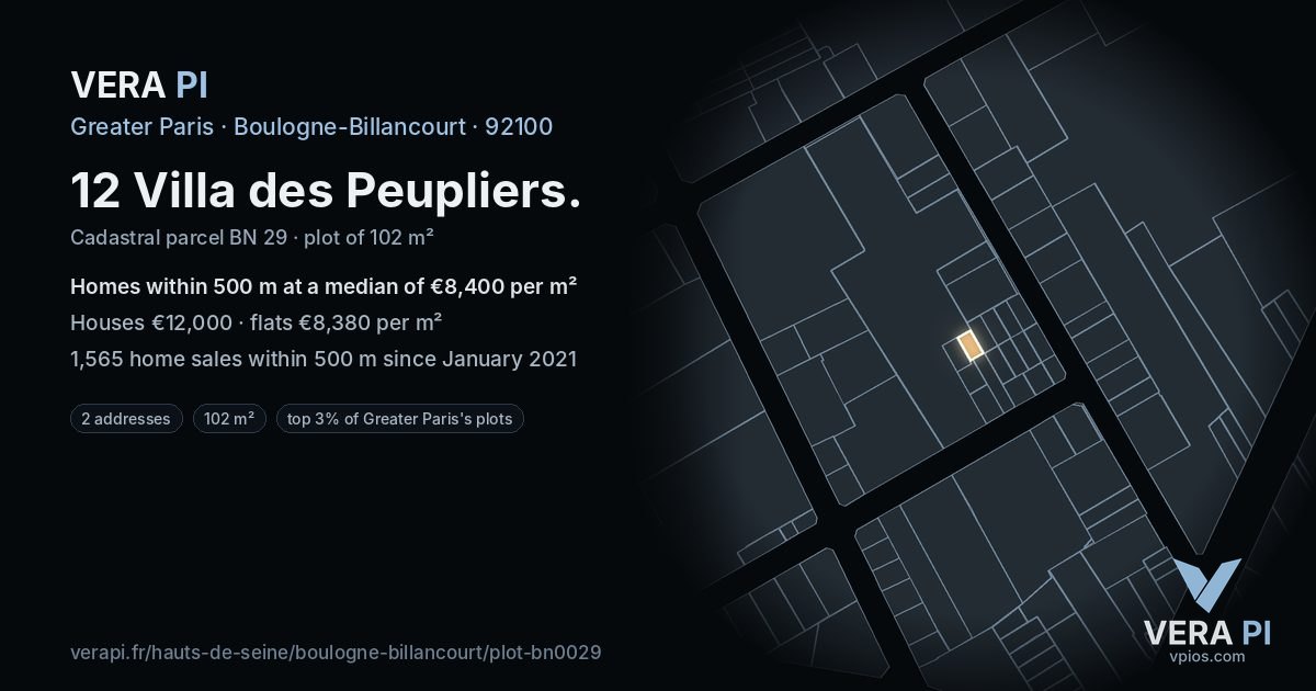 12 Villa des Peupliers, Boulogne-Billancourt at night – the plot lit, the parcels around coloured by the prices near them