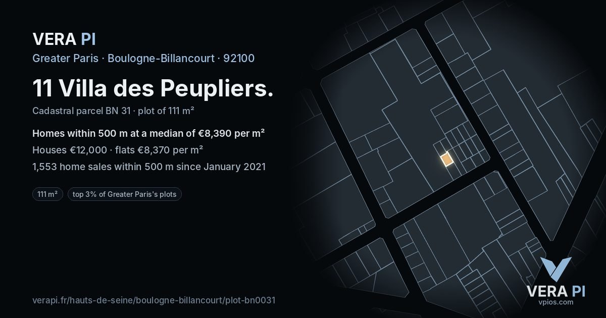 11 Villa des Peupliers, Boulogne-Billancourt at night – the plot lit, the parcels around coloured by the prices near them