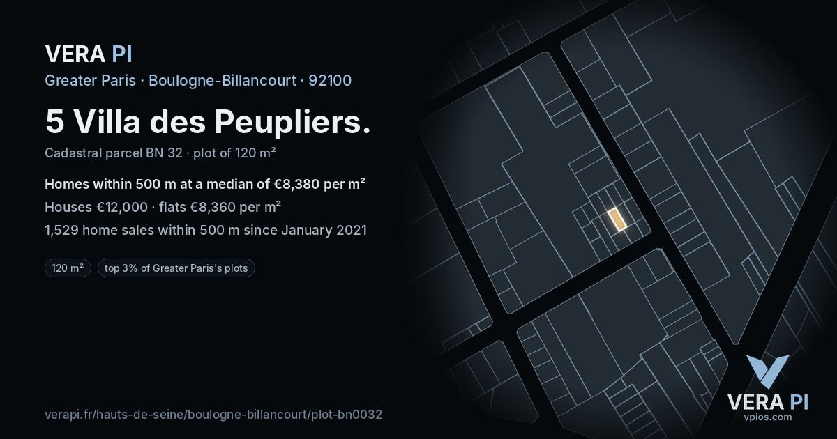 5 Villa des Peupliers, Boulogne-Billancourt at night – the plot lit, the parcels around coloured by the prices near them