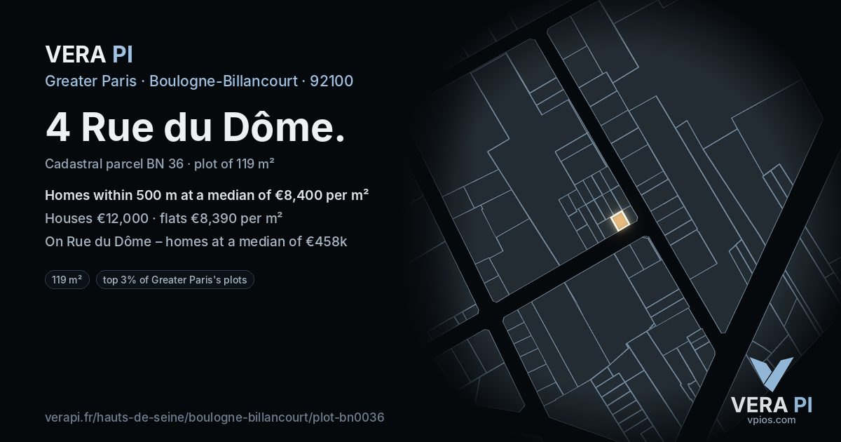 4 Rue du Dôme, Boulogne-Billancourt at night – the plot lit, the parcels around coloured by the prices near them