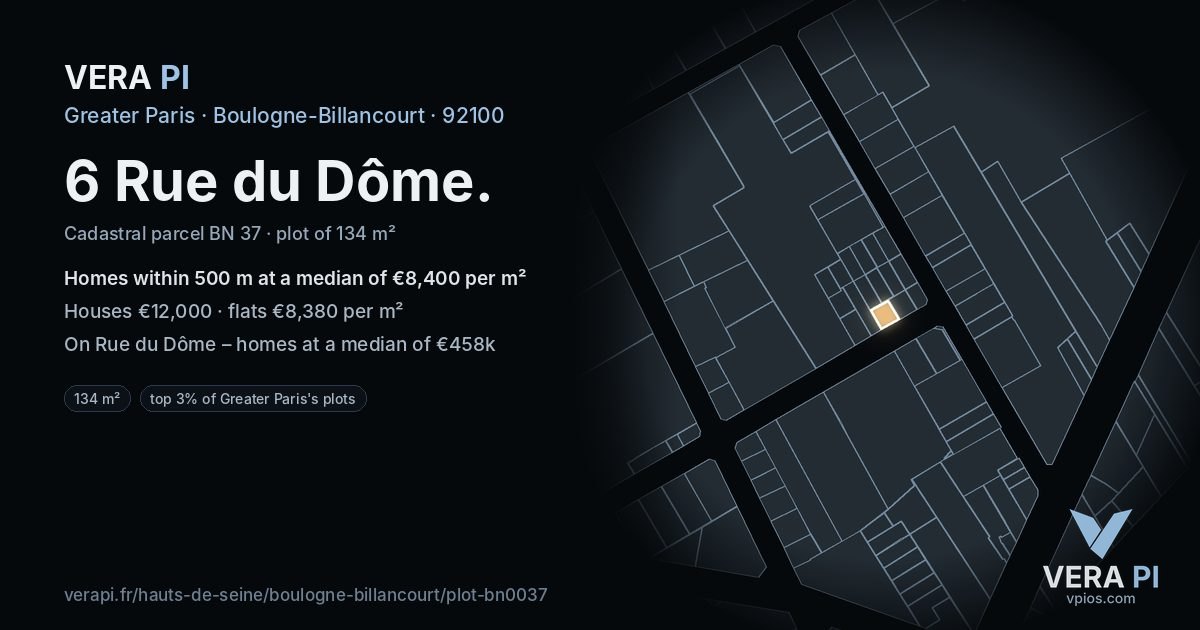 6 Rue du Dôme, Boulogne-Billancourt at night – the plot lit, the parcels around coloured by the prices near them