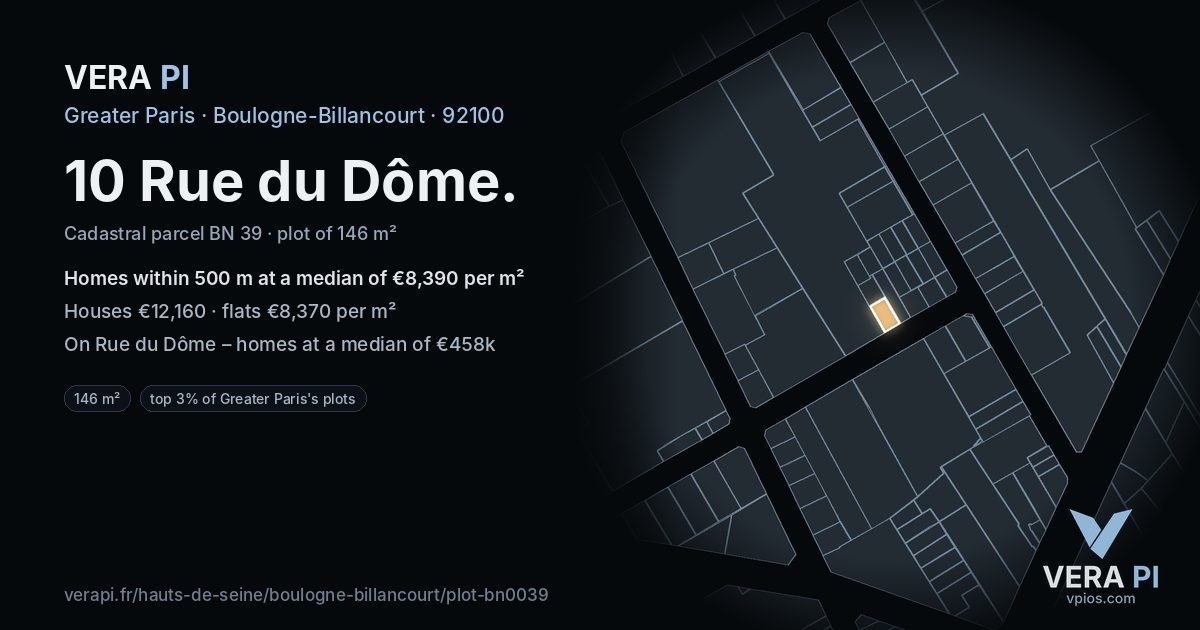 10 Rue du Dôme, Boulogne-Billancourt at night – the plot lit, the parcels around coloured by the prices near them