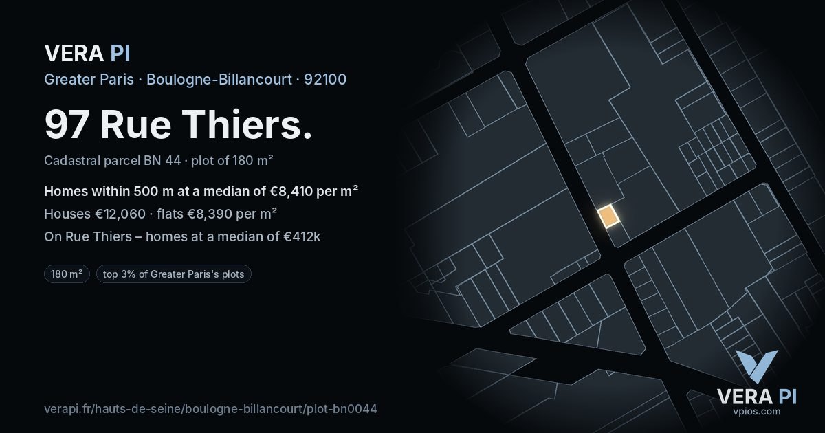 97 Rue Thiers, Boulogne-Billancourt at night – the plot lit, the parcels around coloured by the prices near them