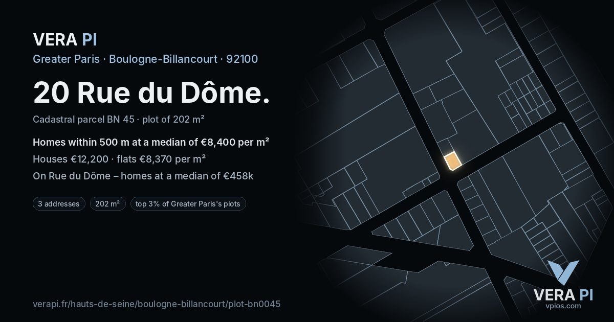 20 Rue du Dôme, Boulogne-Billancourt at night – the plot lit, the parcels around coloured by the prices near them