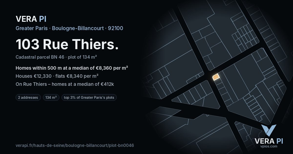 103 Rue Thiers, Boulogne-Billancourt at night – the plot lit, the parcels around coloured by the prices near them