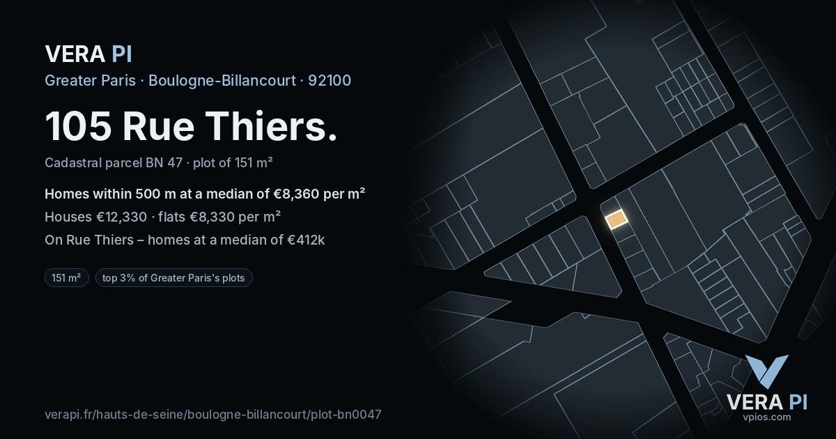 105 Rue Thiers, Boulogne-Billancourt at night – the plot lit, the parcels around coloured by the prices near them