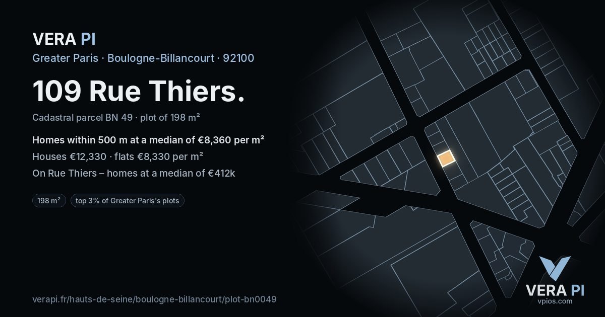 109 Rue Thiers, Boulogne-Billancourt at night – the plot lit, the parcels around coloured by the prices near them