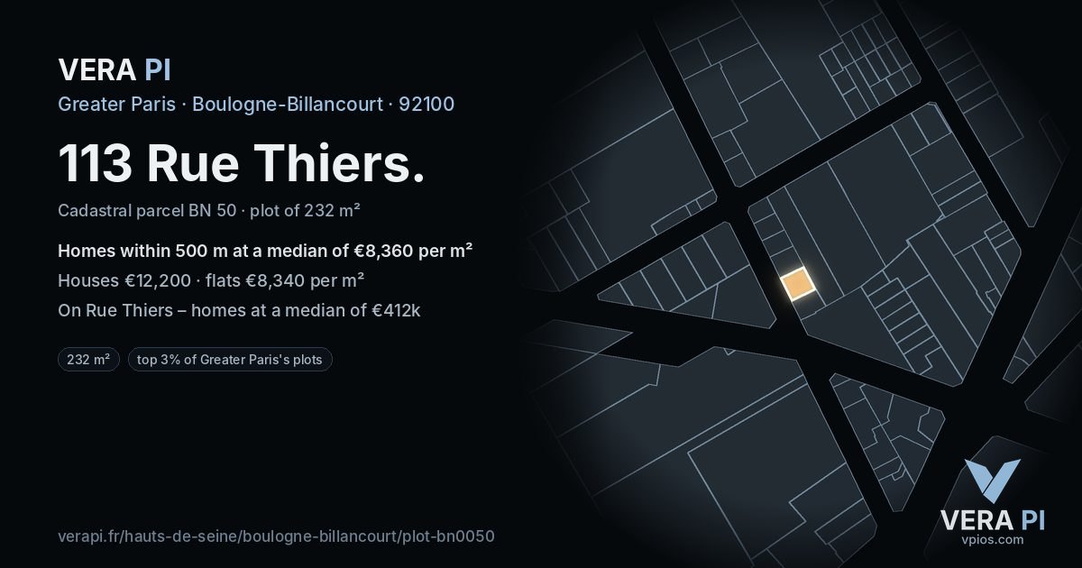 113 Rue Thiers, Boulogne-Billancourt at night – the plot lit, the parcels around coloured by the prices near them