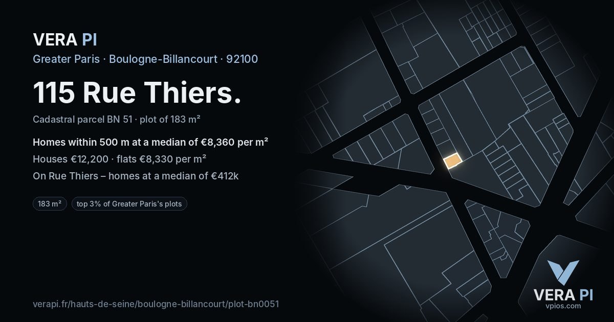 115 Rue Thiers, Boulogne-Billancourt at night – the plot lit, the parcels around coloured by the prices near them