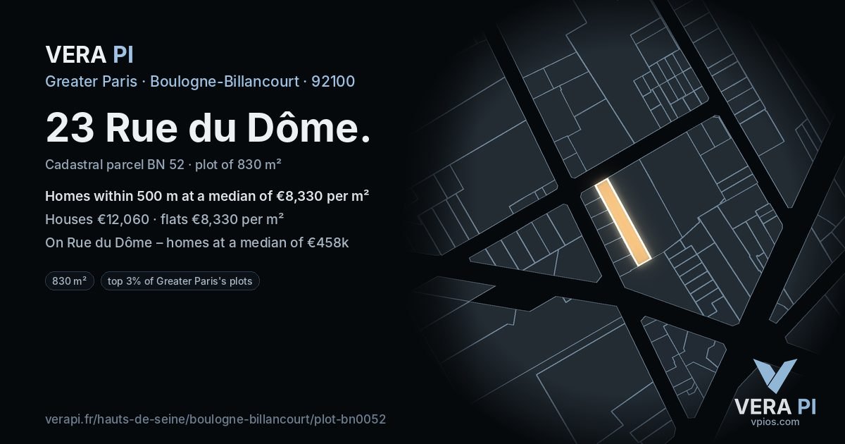 23 Rue du Dôme, Boulogne-Billancourt at night – the plot lit, the parcels around coloured by the prices near them