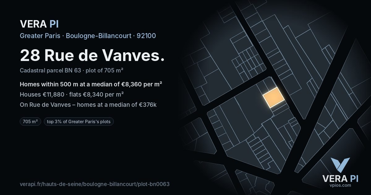 28 Rue de Vanves, Boulogne-Billancourt at night – the plot lit, the parcels around coloured by the prices near them