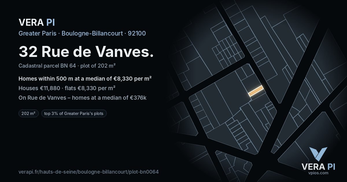 32 Rue de Vanves, Boulogne-Billancourt at night – the plot lit, the parcels around coloured by the prices near them