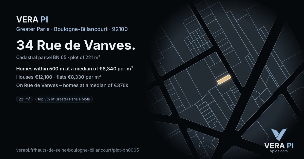 34 Rue de Vanves, Boulogne-Billancourt at night – the plot lit, the parcels around coloured by the prices near them