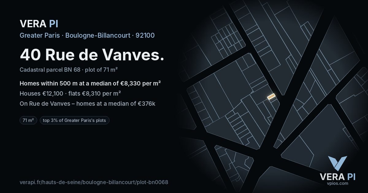 40 Rue de Vanves, Boulogne-Billancourt at night – the plot lit, the parcels around coloured by the prices near them