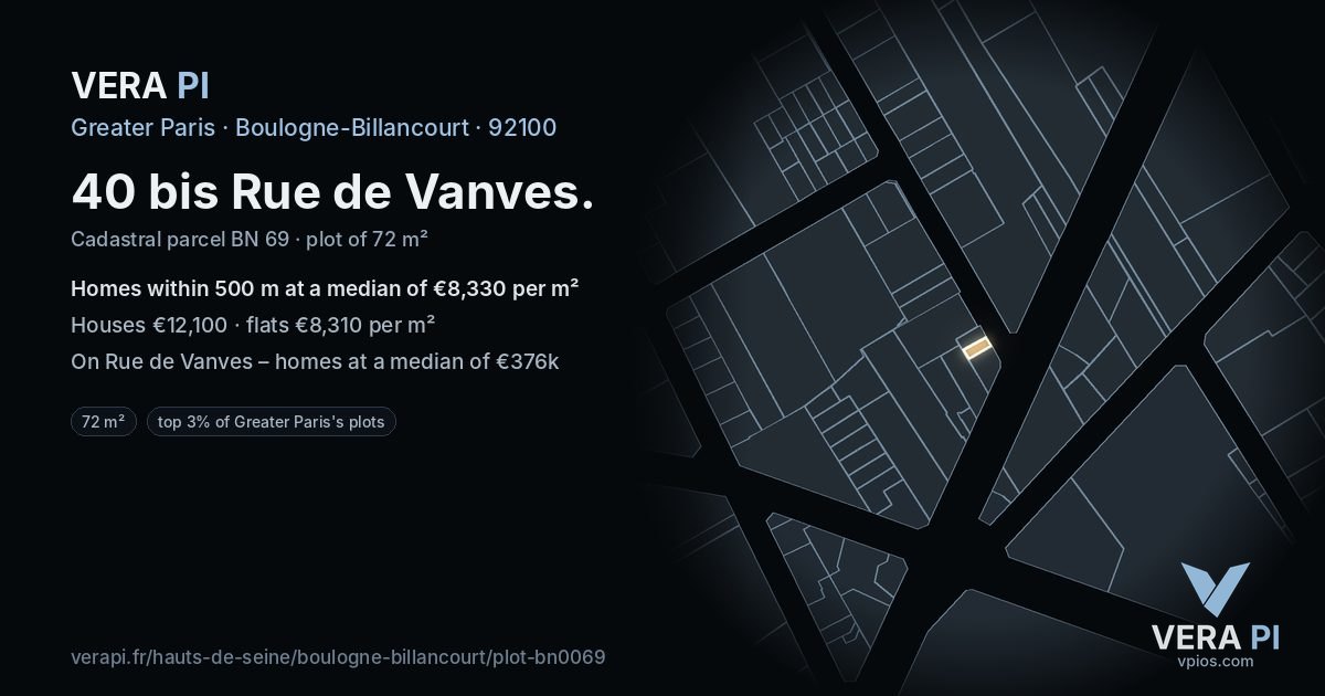 40 bis Rue de Vanves, Boulogne-Billancourt at night – the plot lit, the parcels around coloured by the prices near them