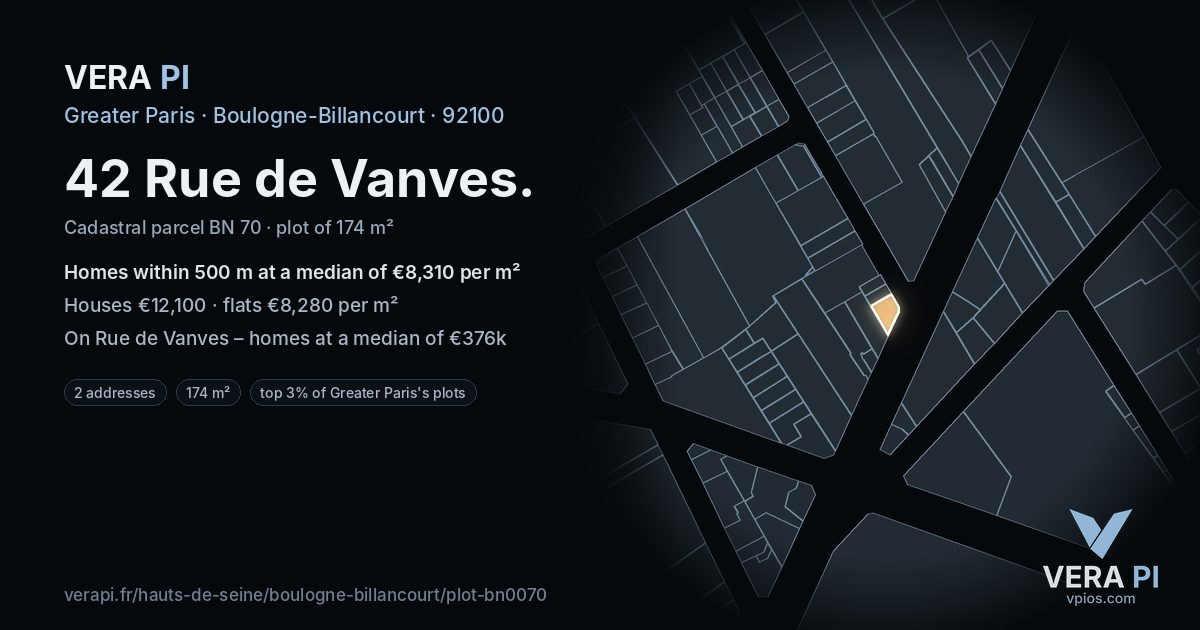 42 Rue de Vanves, Boulogne-Billancourt at night – the plot lit, the parcels around coloured by the prices near them