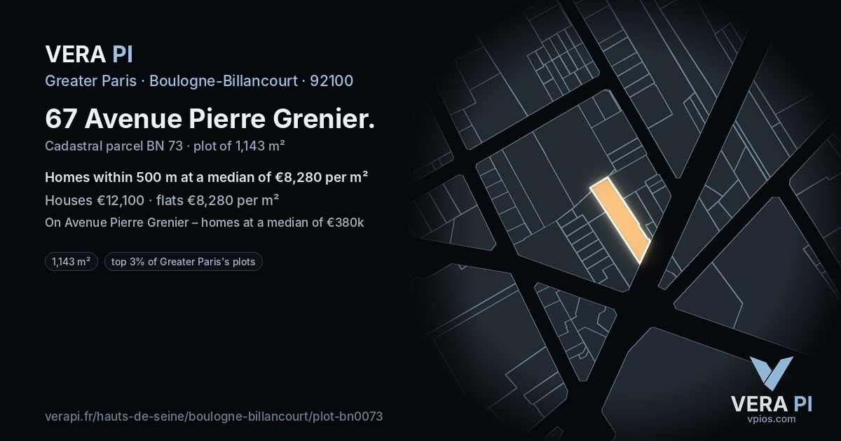 67 Avenue Pierre Grenier, Boulogne-Billancourt at night – the plot lit, the parcels around coloured by the prices near them