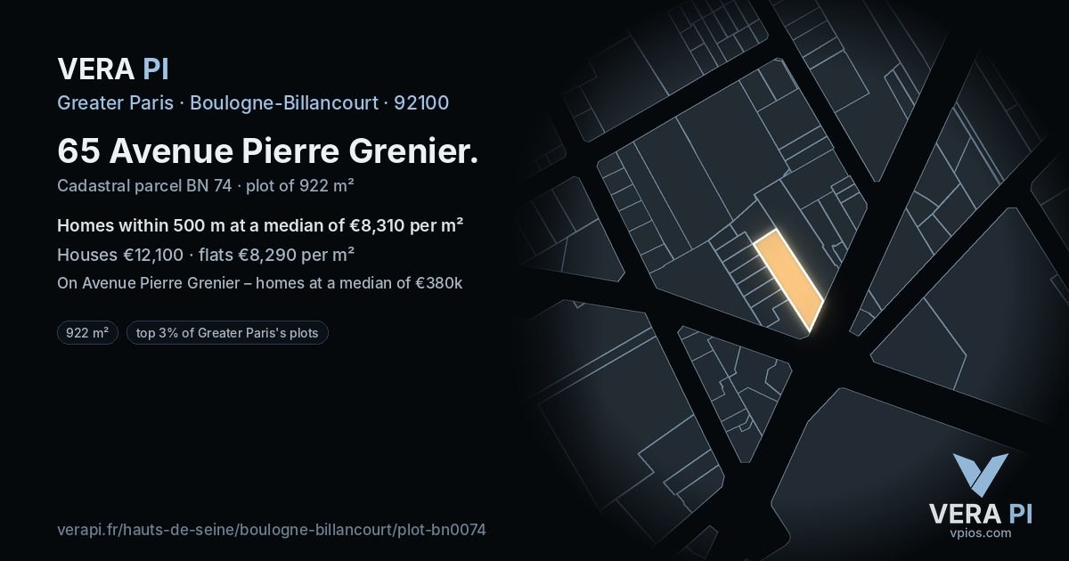 65 Avenue Pierre Grenier, Boulogne-Billancourt at night – the plot lit, the parcels around coloured by the prices near them