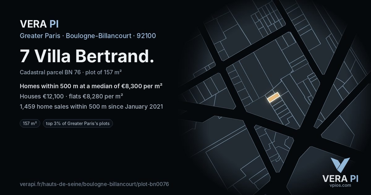 7 Villa Bertrand, Boulogne-Billancourt at night – the plot lit, the parcels around coloured by the prices near them