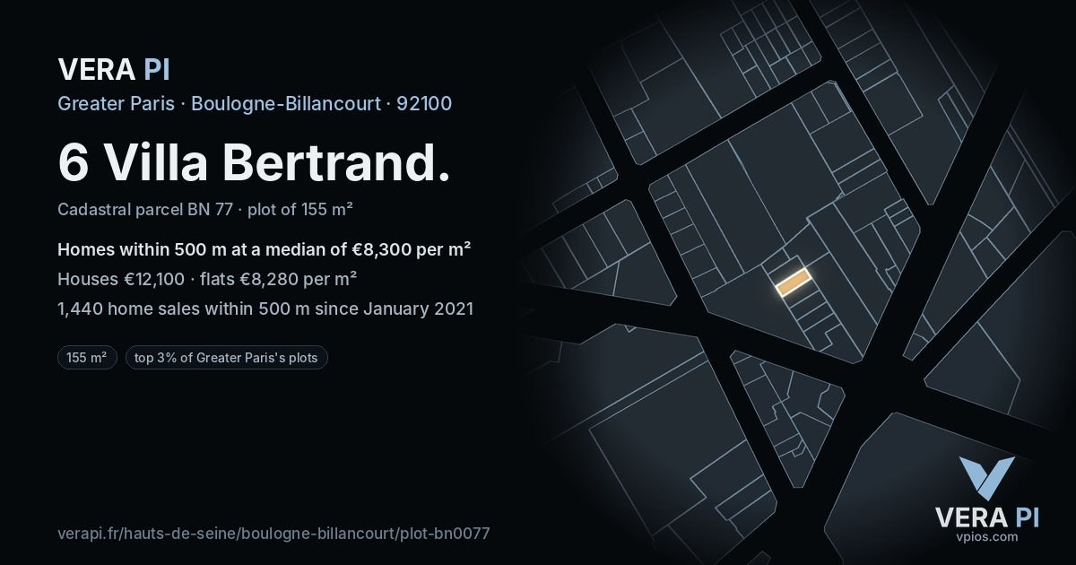 6 Villa Bertrand, Boulogne-Billancourt at night – the plot lit, the parcels around coloured by the prices near them