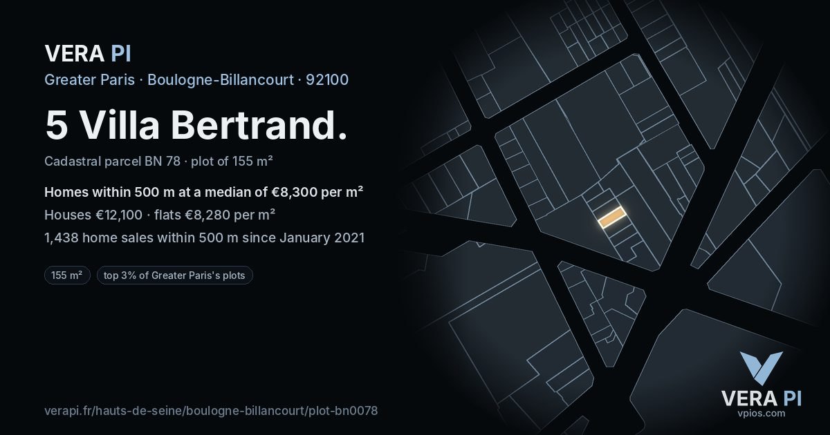 5 Villa Bertrand, Boulogne-Billancourt at night – the plot lit, the parcels around coloured by the prices near them