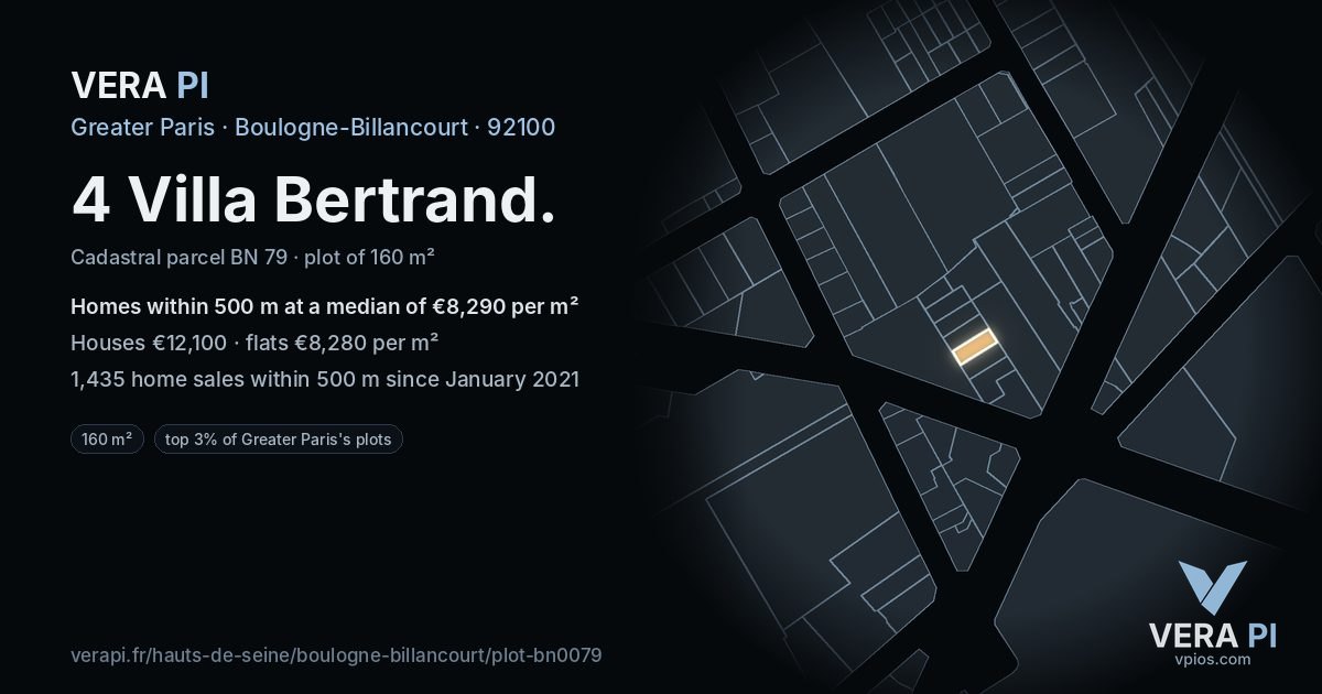 4 Villa Bertrand, Boulogne-Billancourt at night – the plot lit, the parcels around coloured by the prices near them