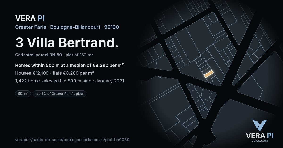 3 Villa Bertrand, Boulogne-Billancourt at night – the plot lit, the parcels around coloured by the prices near them
