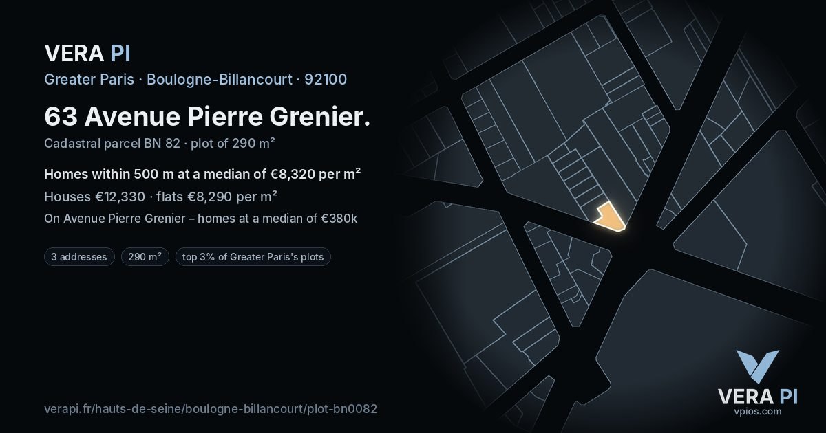 63 Avenue Pierre Grenier, Boulogne-Billancourt at night – the plot lit, the parcels around coloured by the prices near them