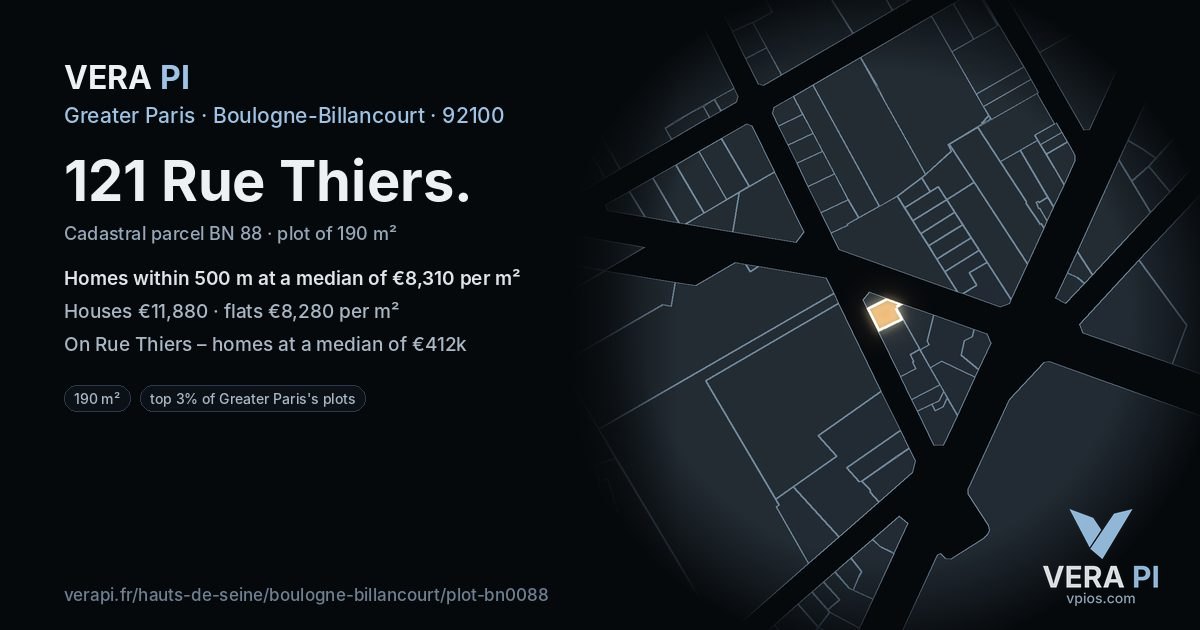121 Rue Thiers, Boulogne-Billancourt at night – the plot lit, the parcels around coloured by the prices near them