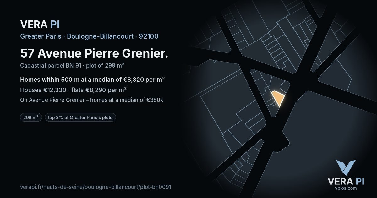 57 Avenue Pierre Grenier, Boulogne-Billancourt at night – the plot lit, the parcels around coloured by the prices near them