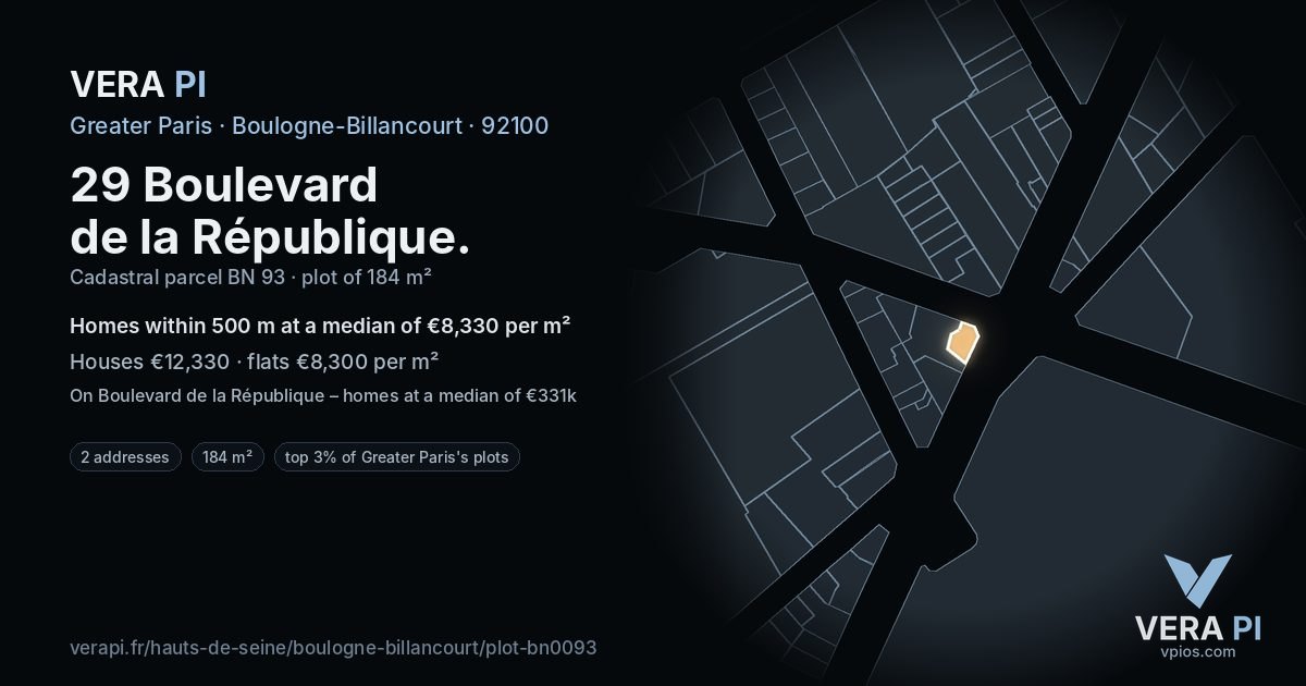29 Boulevard de la République, Boulogne-Billancourt at night – the plot lit, the parcels around coloured by the prices near them