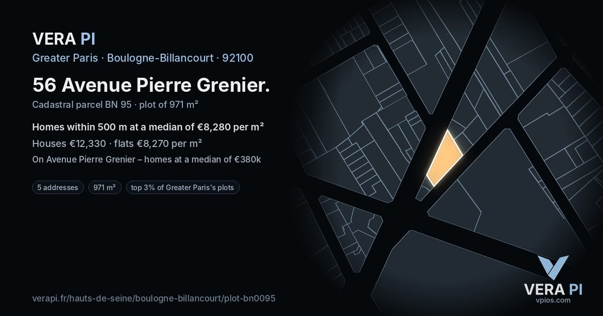 56 Avenue Pierre Grenier, Boulogne-Billancourt at night – the plot lit, the parcels around coloured by the prices near them