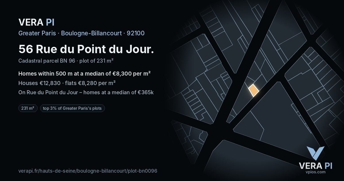 56 Rue du Point du Jour, Boulogne-Billancourt at night – the plot lit, the parcels around coloured by the prices near them