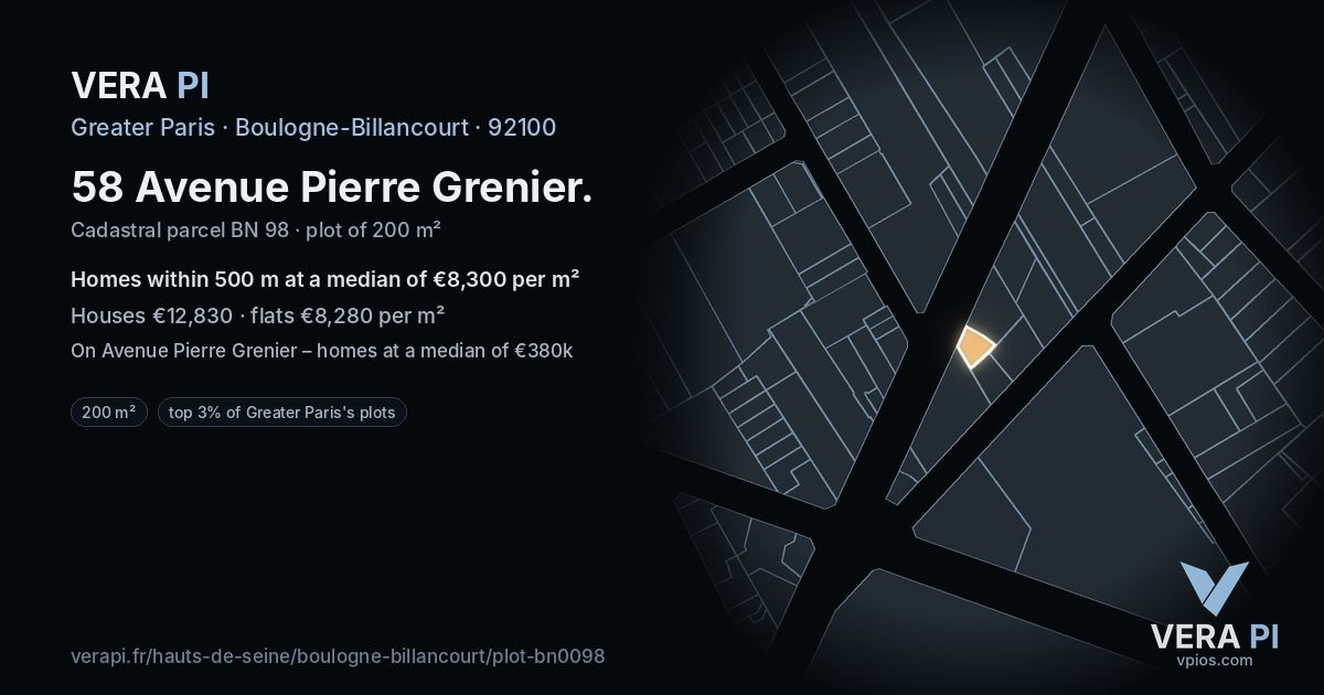 58 Avenue Pierre Grenier, Boulogne-Billancourt at night – the plot lit, the parcels around coloured by the prices near them