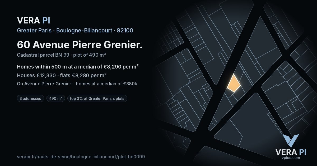 60 Avenue Pierre Grenier, Boulogne-Billancourt at night – the plot lit, the parcels around coloured by the prices near them