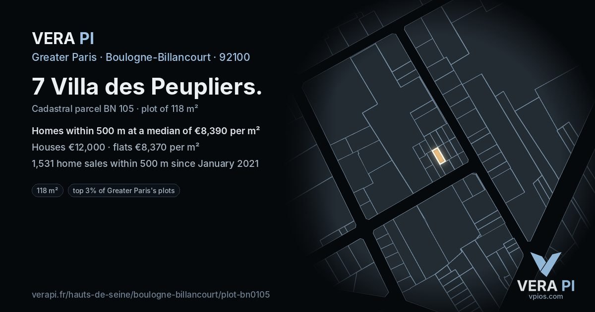 7 Villa des Peupliers, Boulogne-Billancourt at night – the plot lit, the parcels around coloured by the prices near them