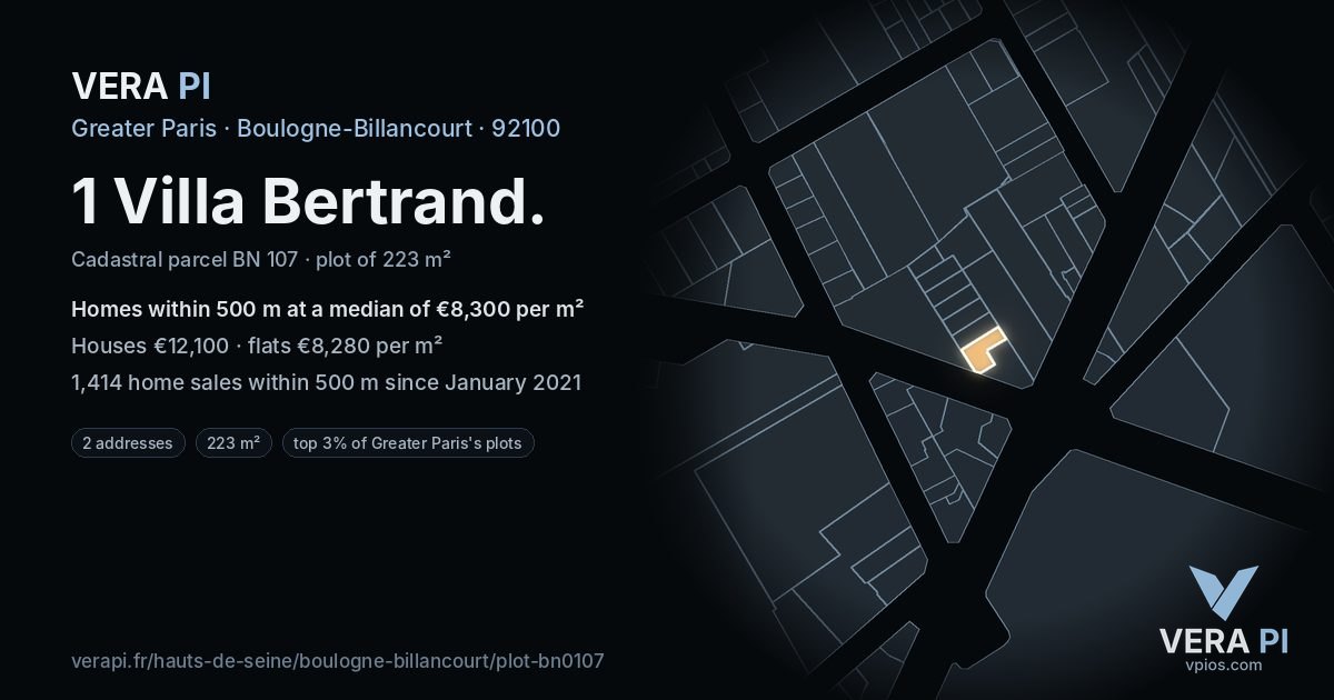 1 Villa Bertrand, Boulogne-Billancourt at night – the plot lit, the parcels around coloured by the prices near them