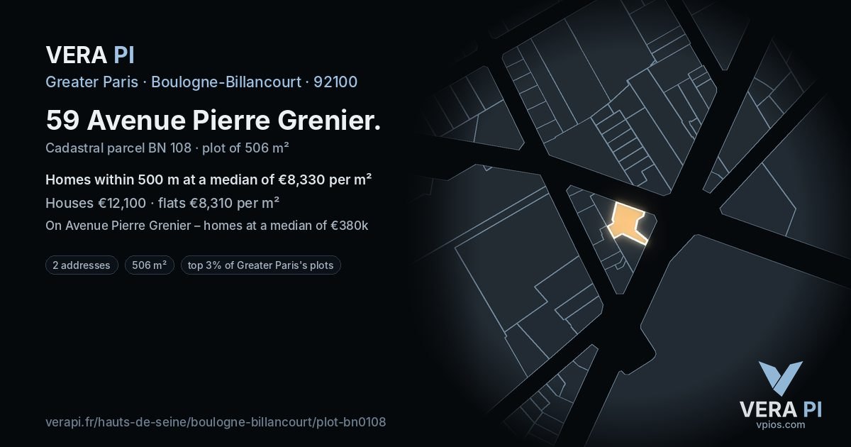 59 Avenue Pierre Grenier, Boulogne-Billancourt at night – the plot lit, the parcels around coloured by the prices near them
