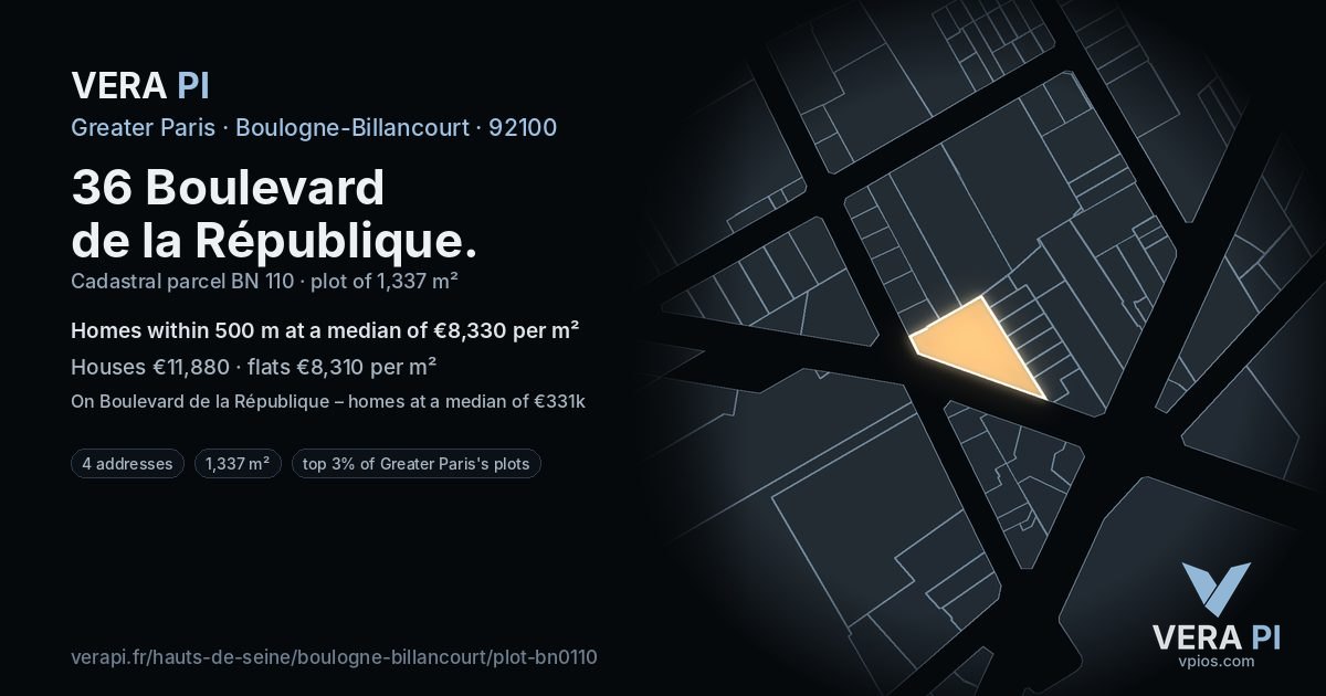 36 Boulevard de la République, Boulogne-Billancourt at night – the plot lit, the parcels around coloured by the prices near them