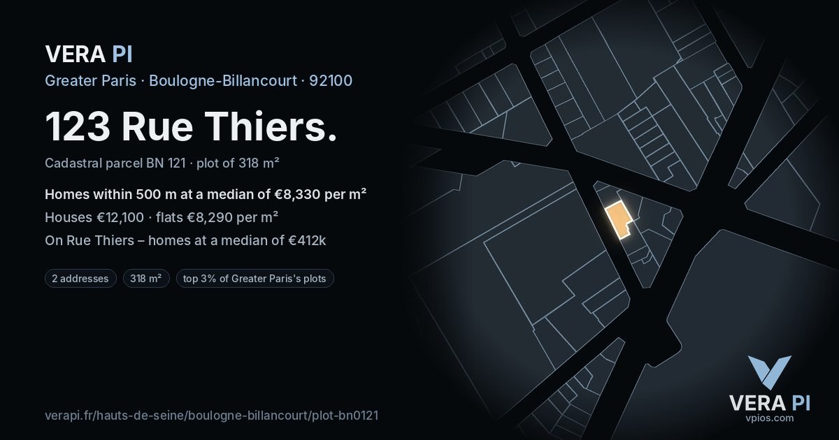 123 Rue Thiers, Boulogne-Billancourt at night – the plot lit, the parcels around coloured by the prices near them